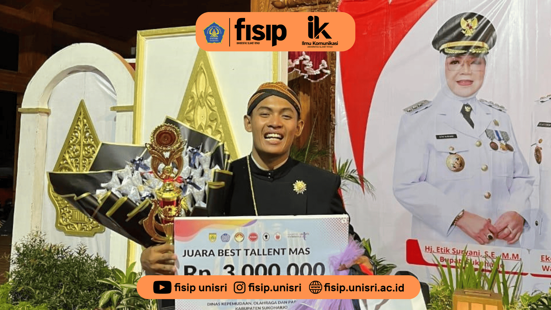 Mahasiswa Ilmu Komunikasi UNISRI, Axmal Vidi Hanavi, Raih Gelar Best Talent di Ajang Duta Wisata Sukoharjo 2025