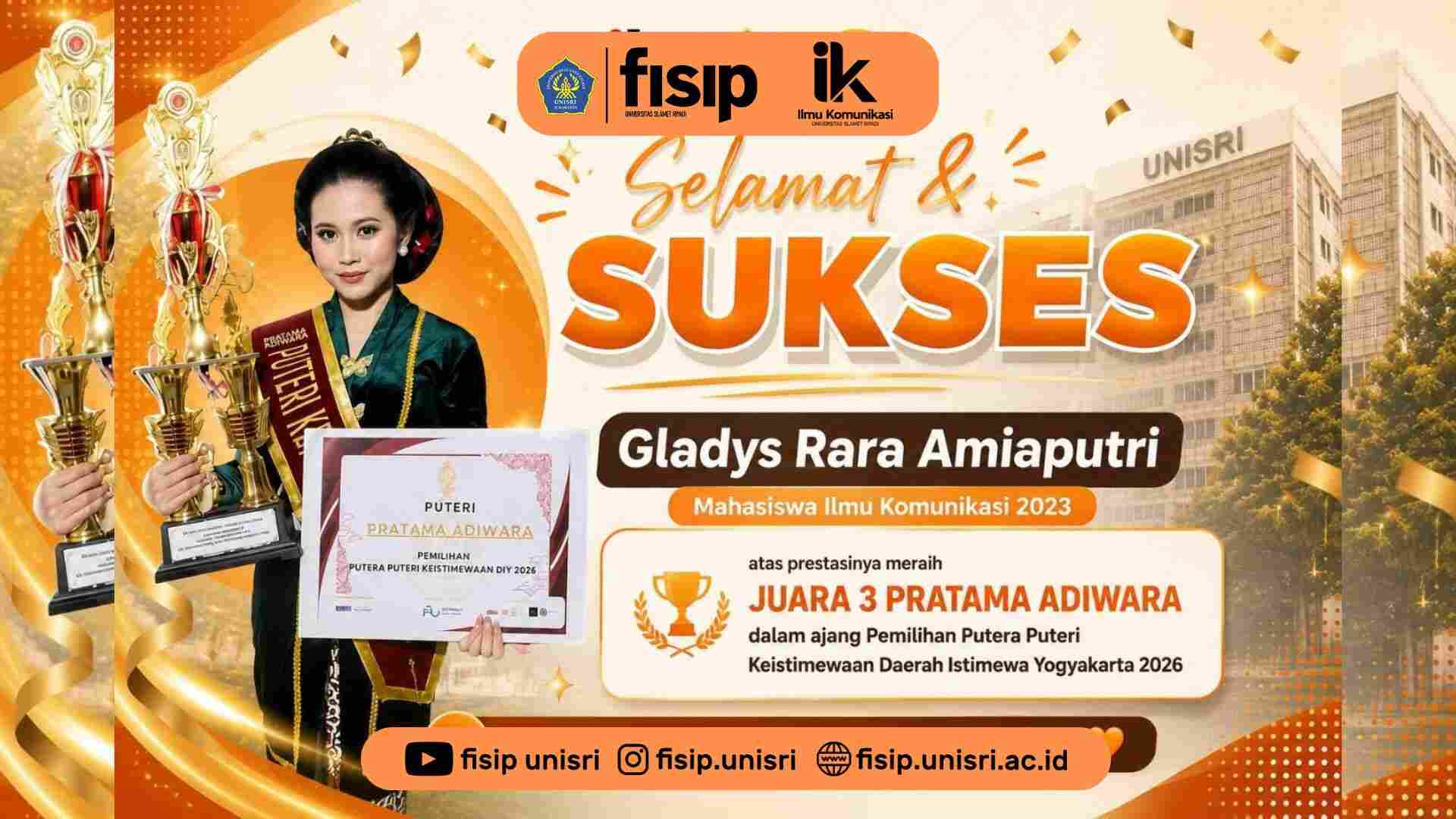 Mahasiswa Ilmu Komunikasi UNISRI Raih Juara 3 Pratama Adiwara pada Ajang Putera Puteri Keistimewaan DIY 2026